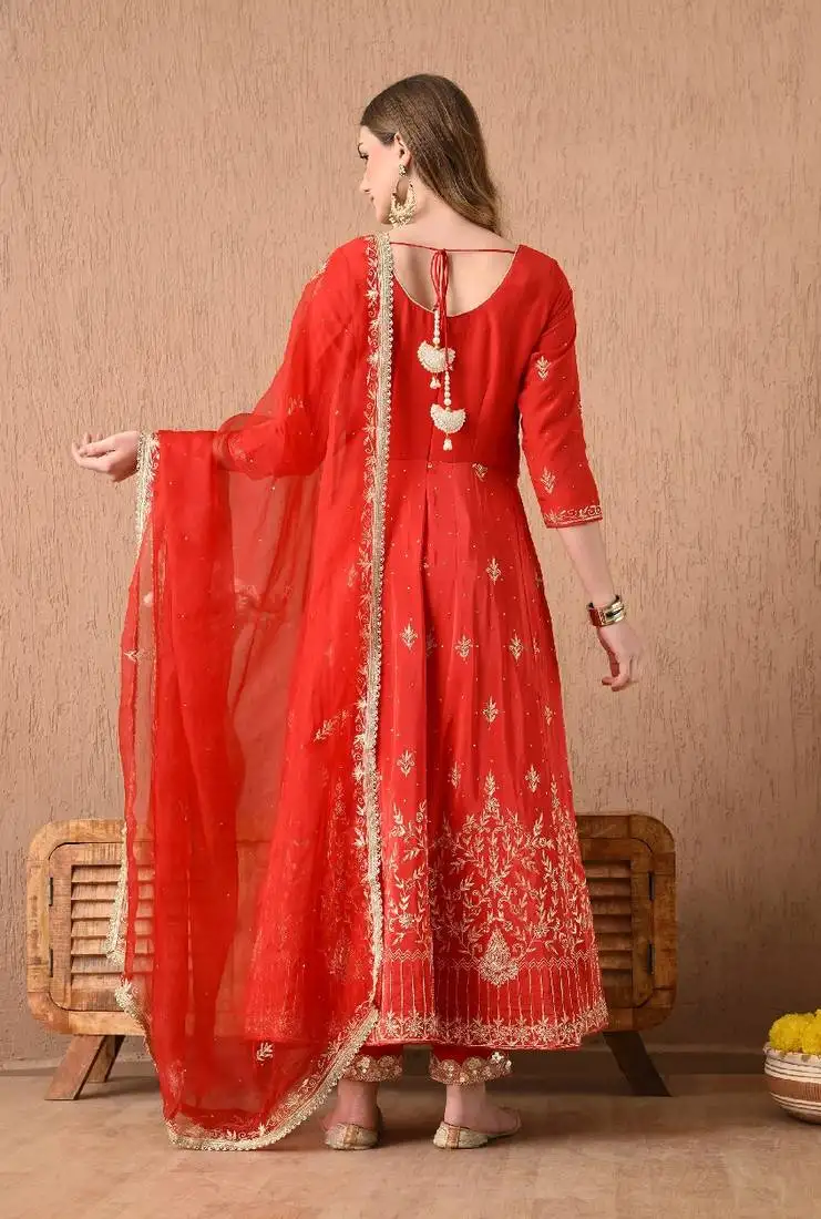 Red anarkali set with zardozi and sequins work
