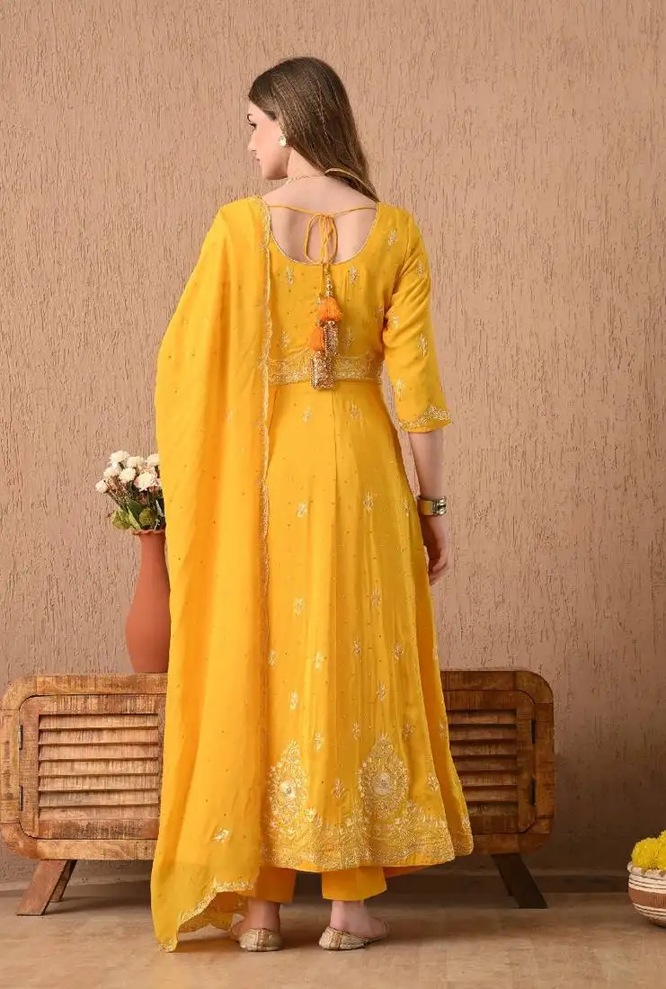 yellow anarkali set with zardozi and sequins work