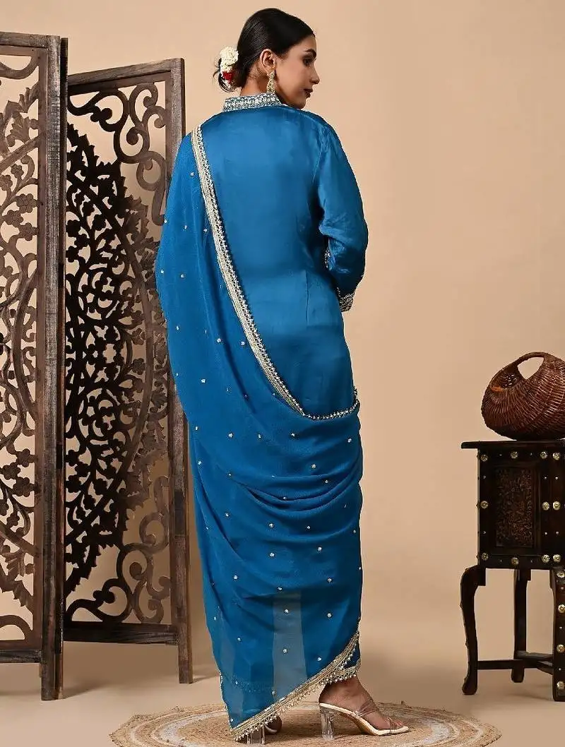 Royal blue kurta set with zardozi dabka and sequins craftsmanship