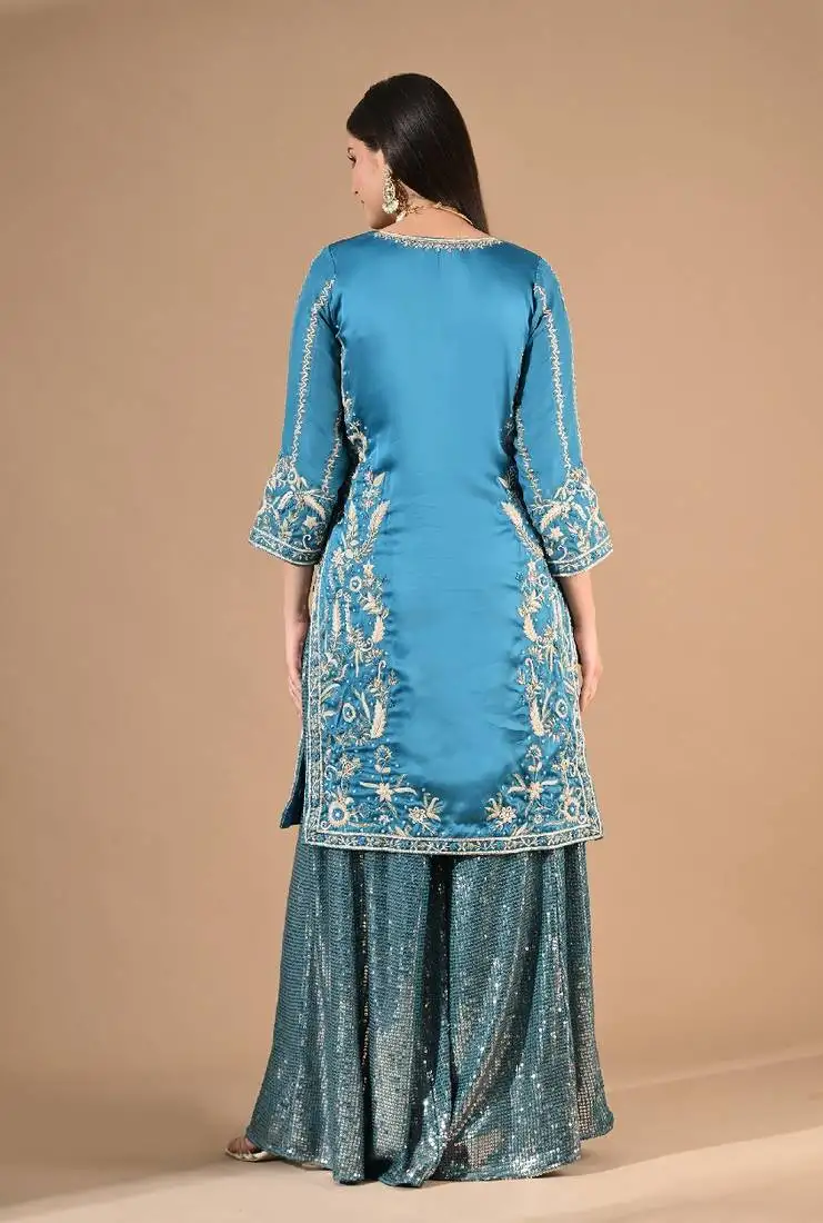Royal blue sharara set with zardozi cutdana & sequin work