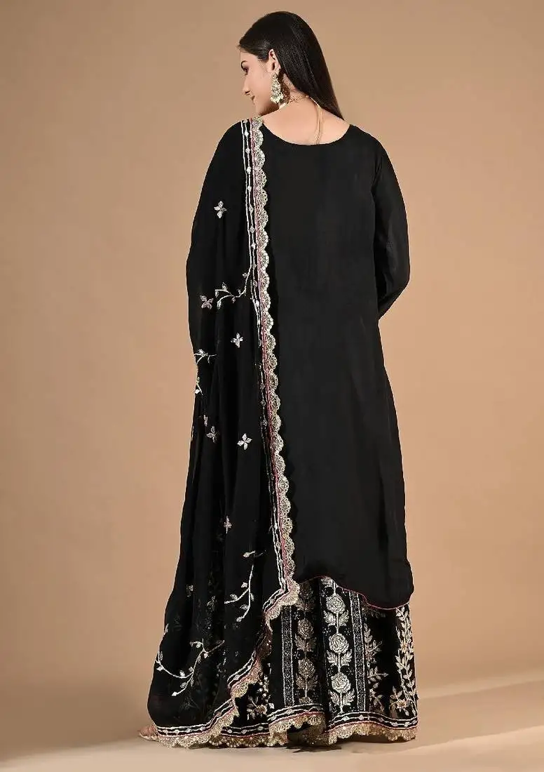 Black sharara set with zardozi & gotta embroidery