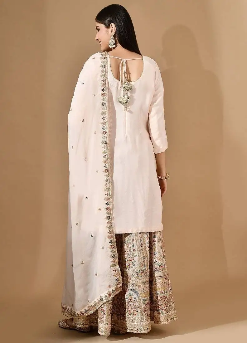 Peach pink chinon sharara set with thread & zardozi work