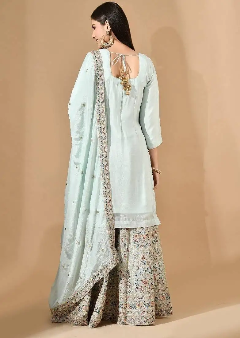 Aqua blue sharara set with zardozi crystal & pearl work