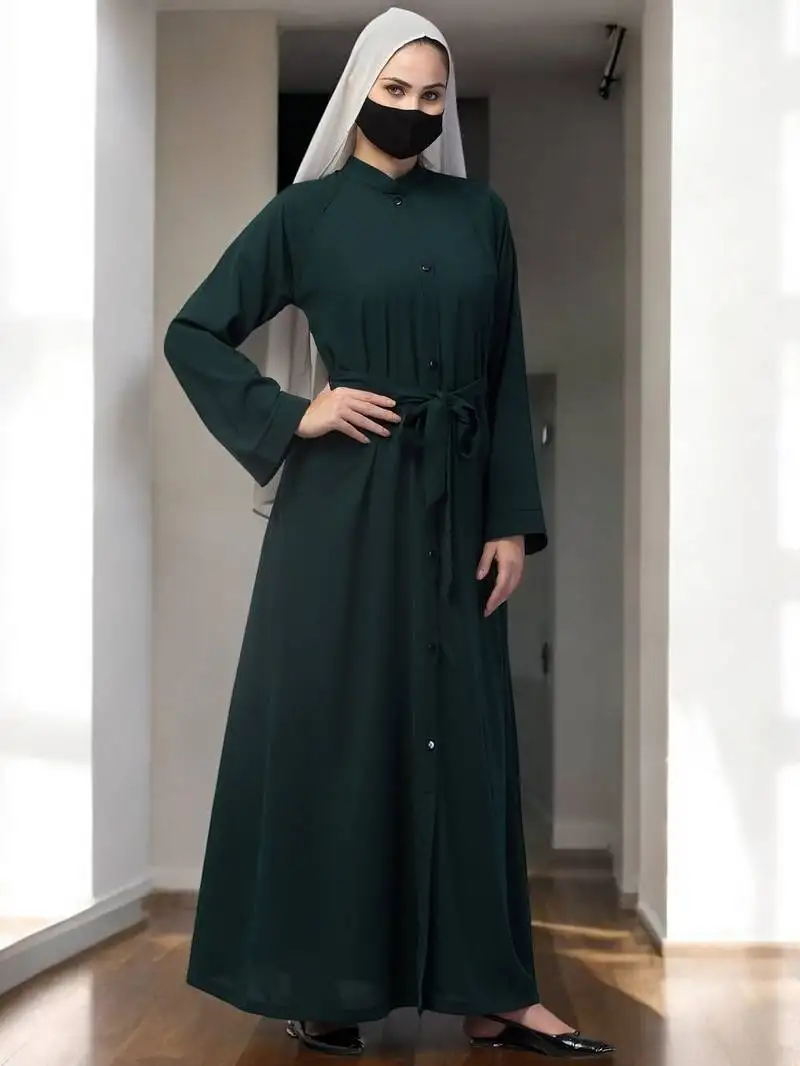 Green front open abaya in firdaus with pockets