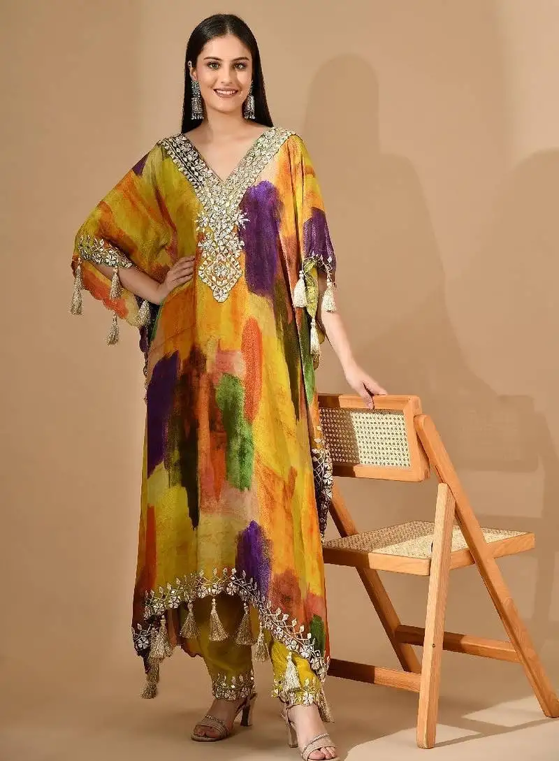 Multicolor yellow kaftaan set with gotta & mirror work