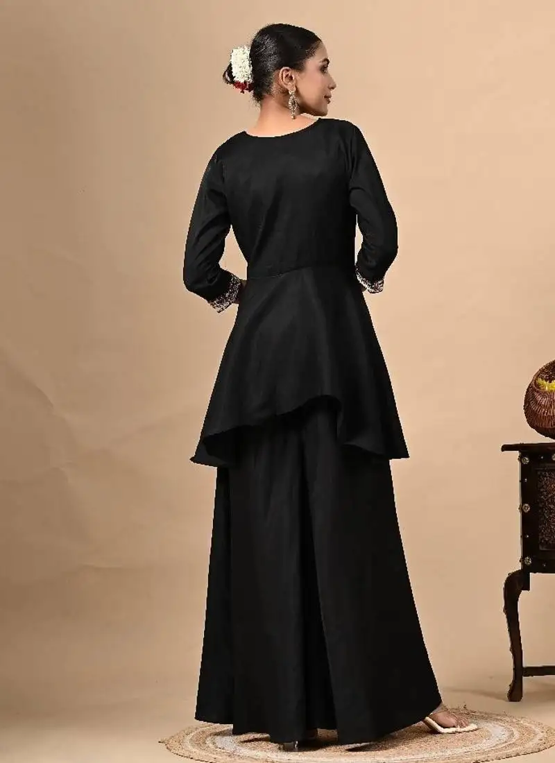 Stylish black co-ord set with thread work on umbrella flared top & bottom