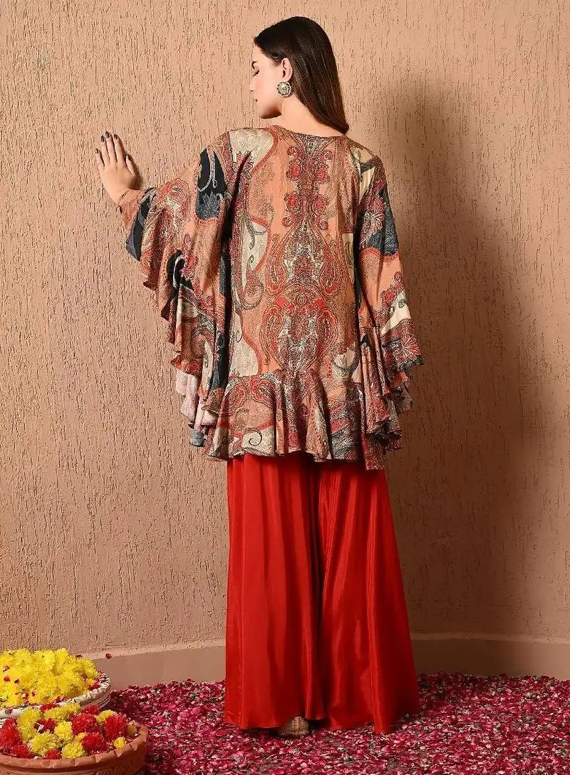 Dark orange kaftan set with print work