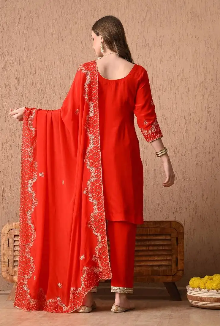 red kurta set with excellent zardozi and sequins work