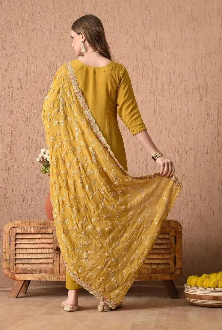Evergreen yellow kurta set with thread zardozi and sequins work