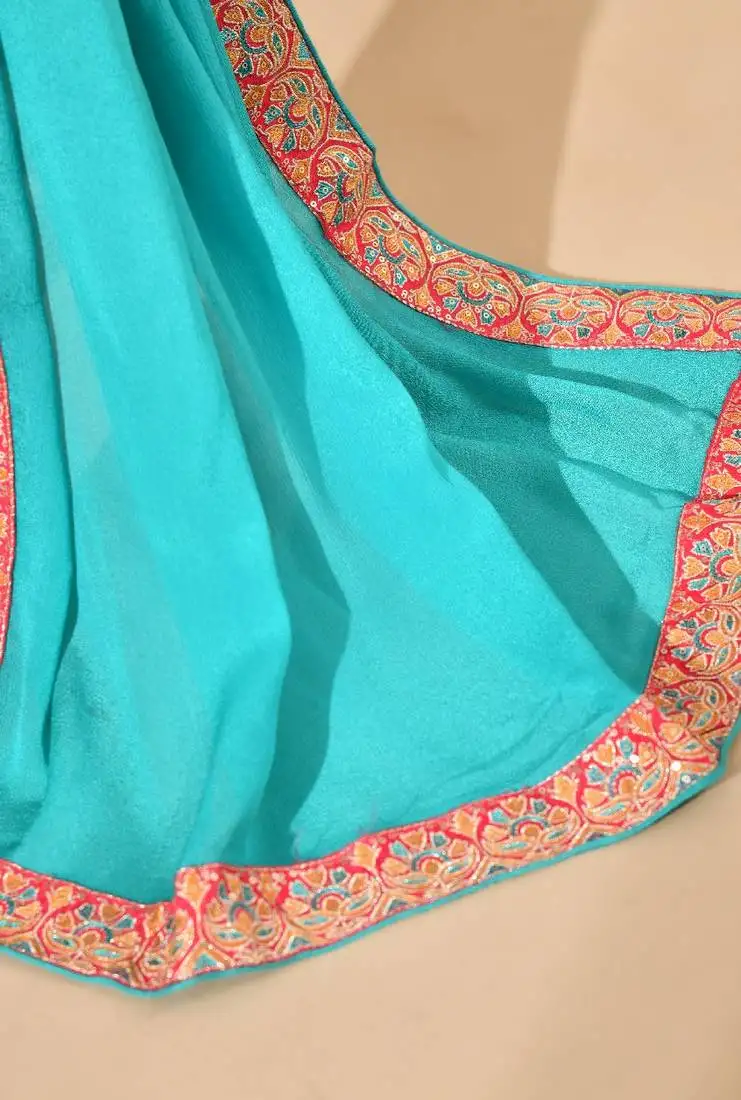 Blue chinon sharara set with zardozi crystal & sequin work