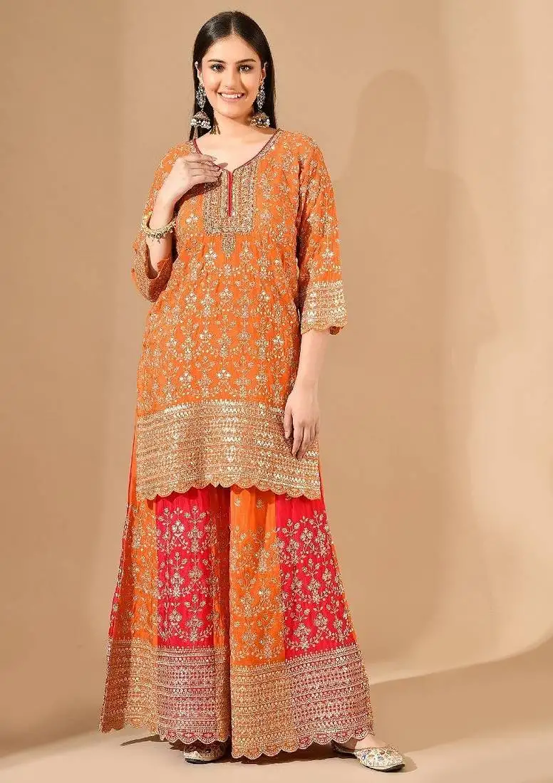 Orange & pink chinon sharara set with zardozi & mirror work