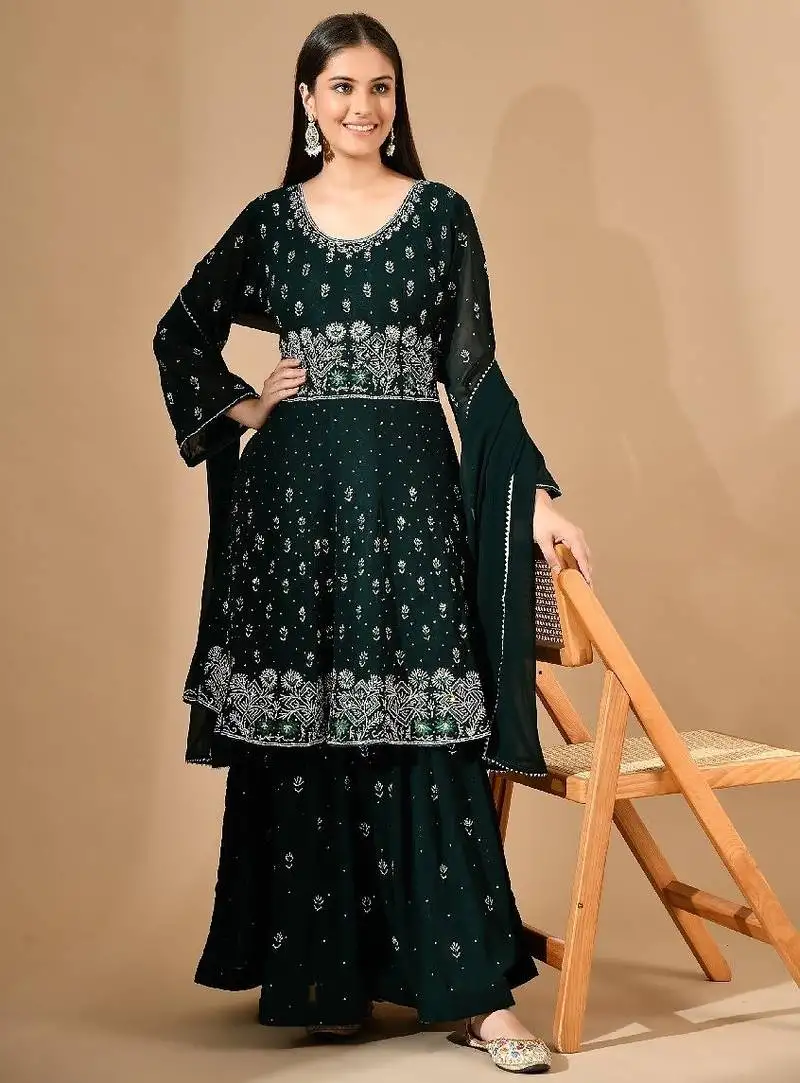 Bottle green georgette sharara set with crystal & thread work