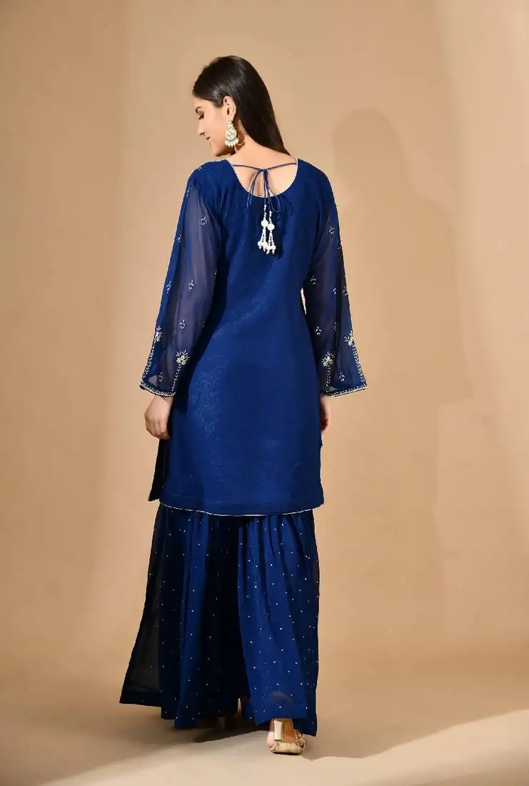 Royal blue georgette sharara set with crystal & zari embroidery