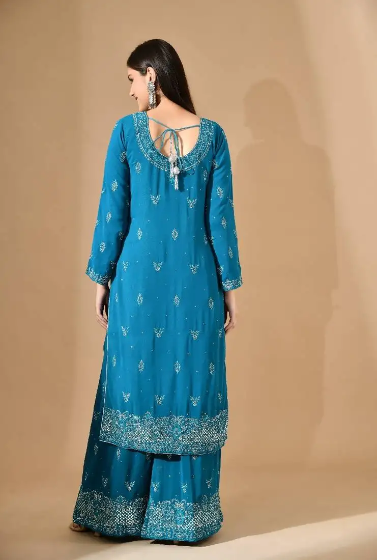 Firozi blue georgette sharara set with mirror & crystal embroidery