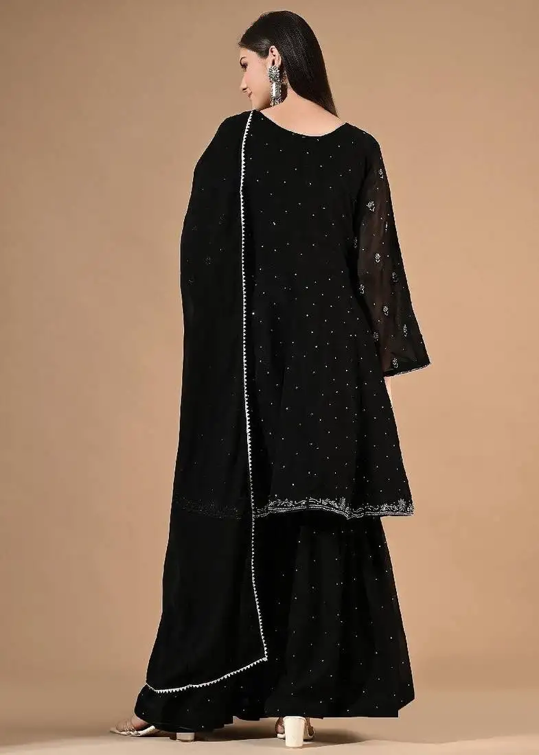 Black georgette sharara set with thread & crystal embroidery