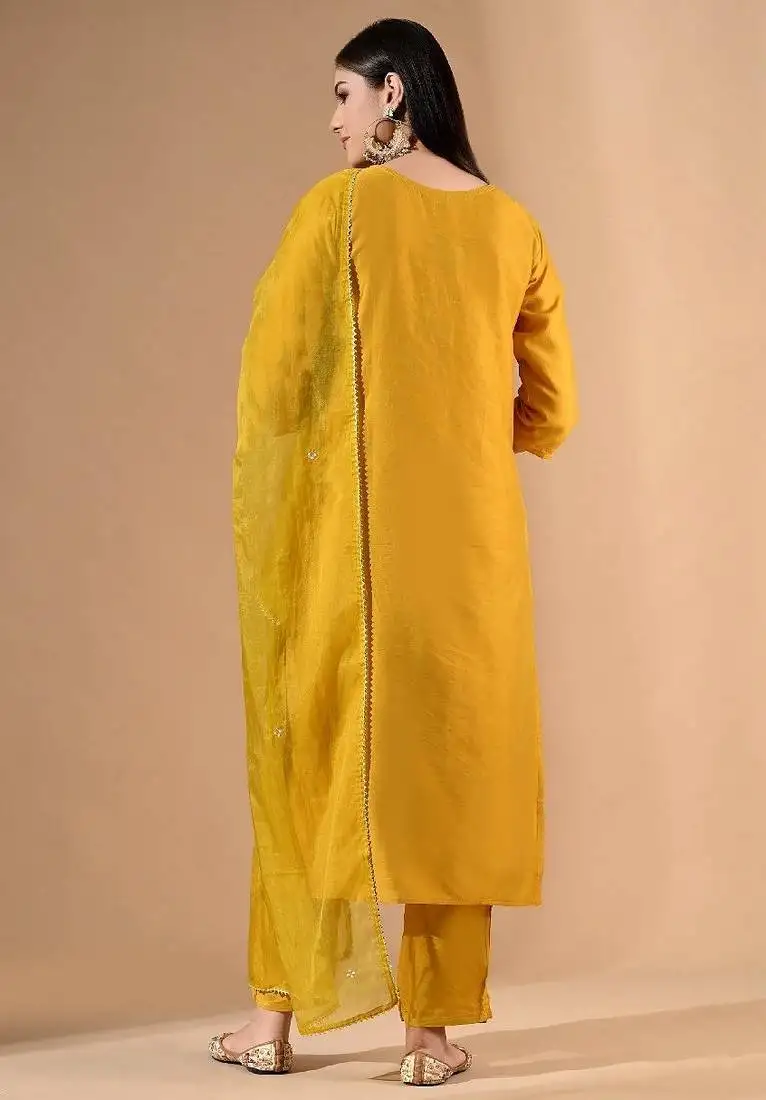 Yellow chanderi cotton kurta set with pearl & thread work
