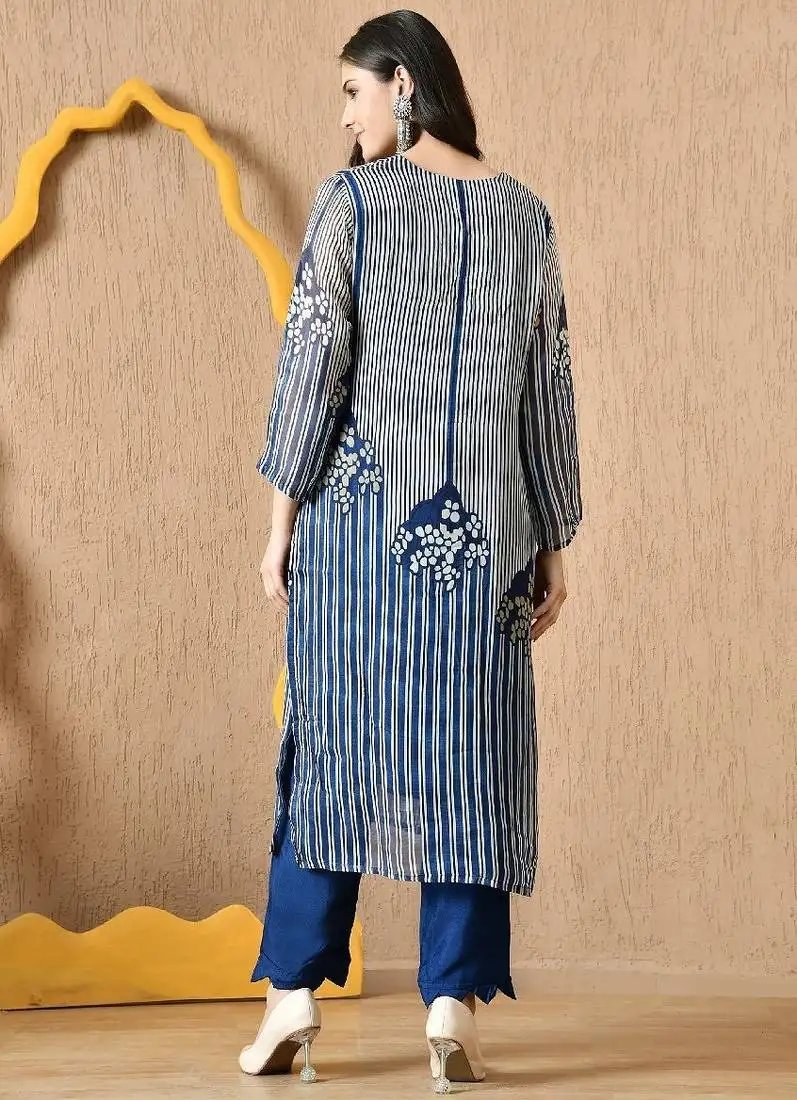 blue kurta set with sequin & pearl work