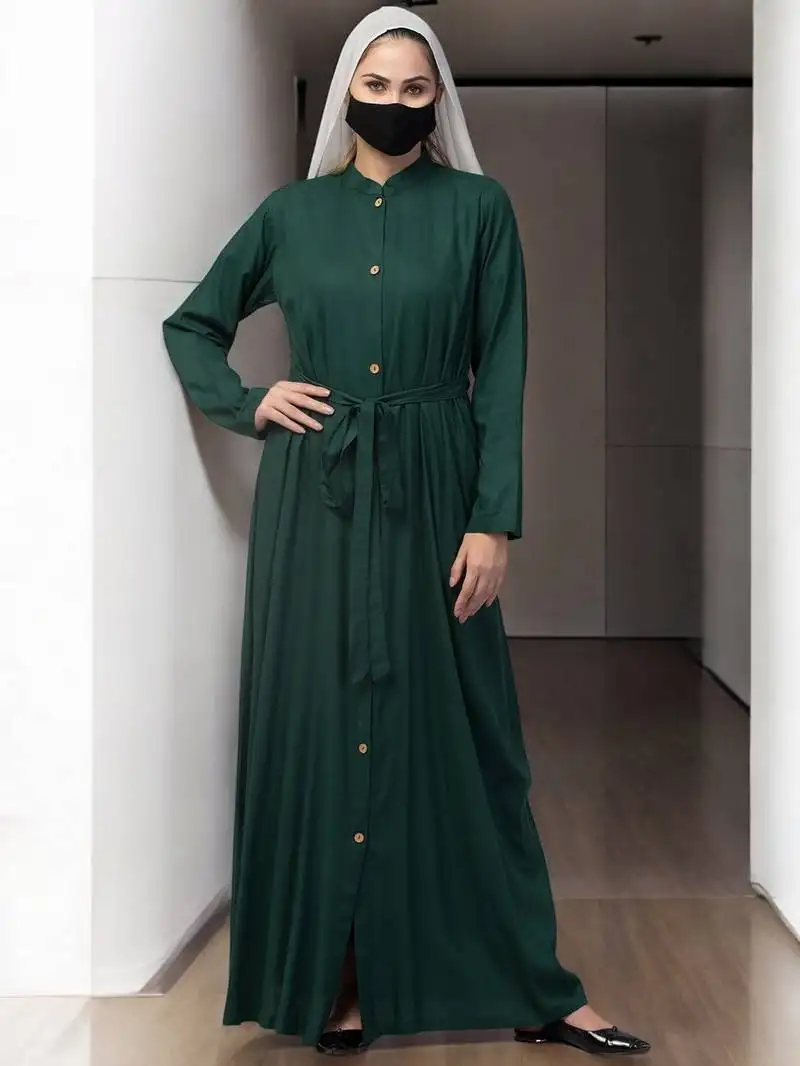 Green front open abaya in rayon with pockets