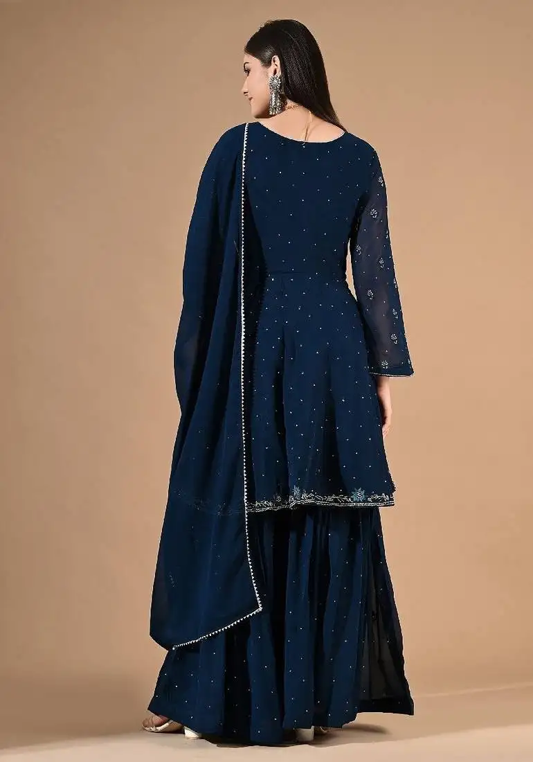 Blue georgette sharara set with thread & crystal embroidery