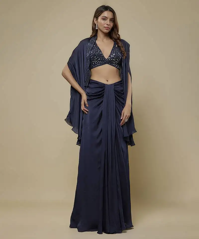 Blue satin plain cape and skirt paired with emobroidered blouse