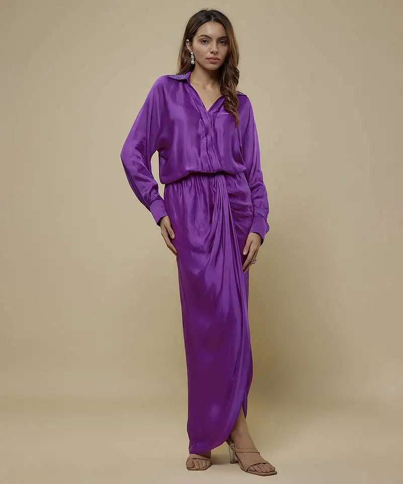 Purple satin plain long dress