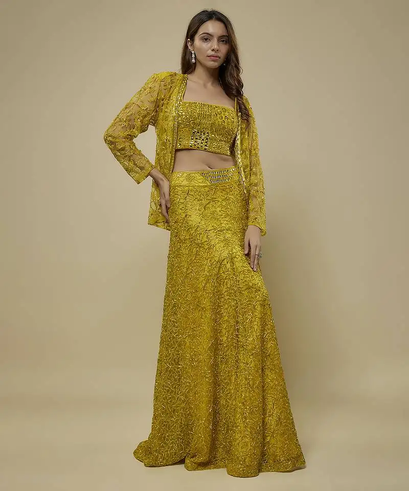 Yellow satin embroidered cape and skirt paired with blouse