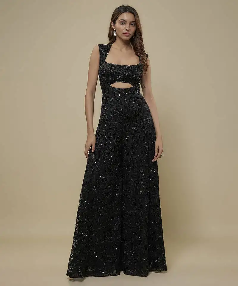 Black satin embroidered long dress