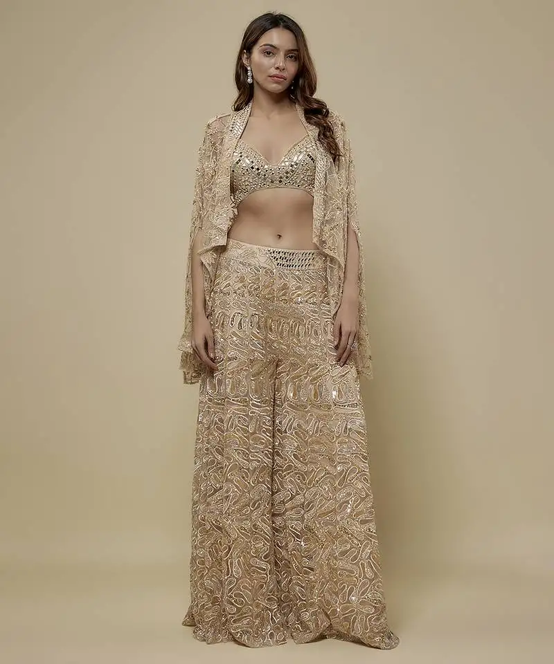 Gold satin embroidered palazzo with cape and blouse