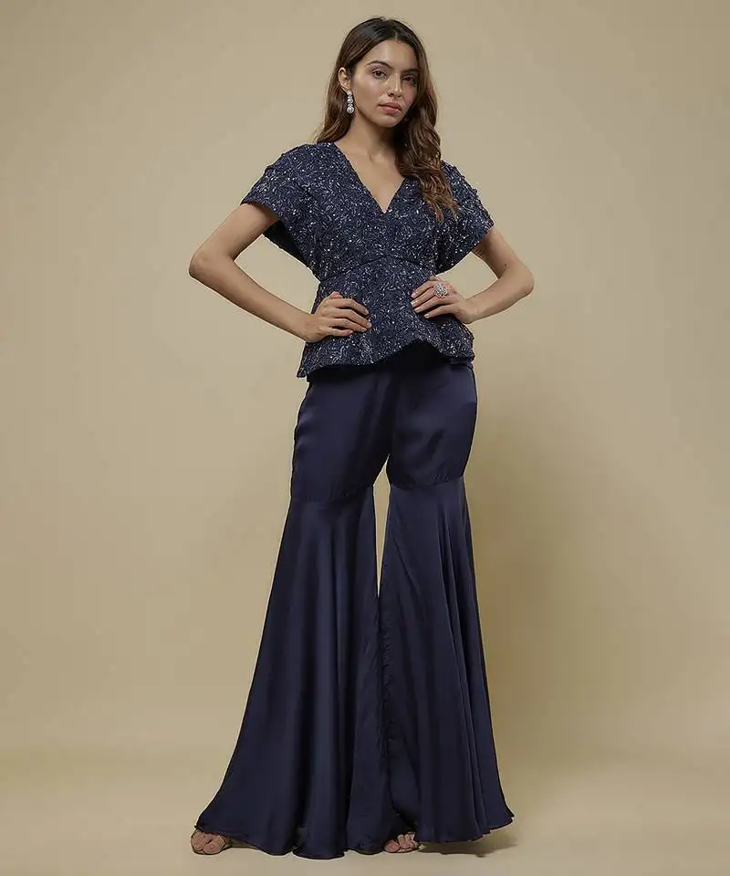 Blue satin embroidered sharara with top