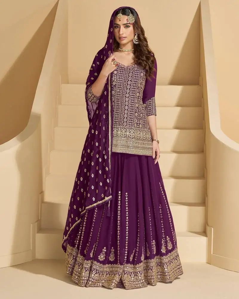 Purple embroidered georgette gharara style salwar suit semi stitched