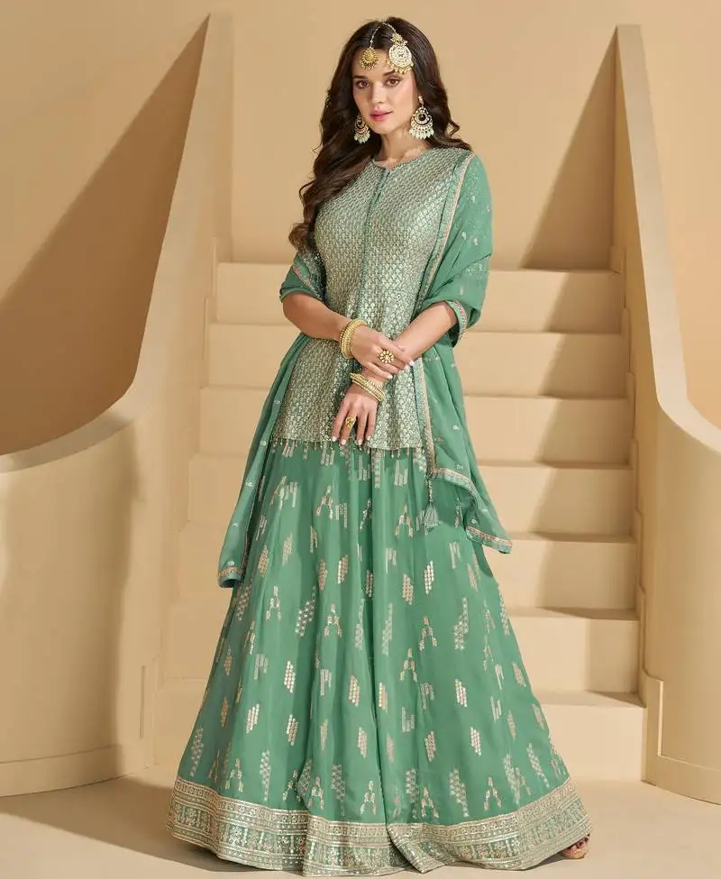 Green embroidered georgette gharara style salwar suit semi stitched