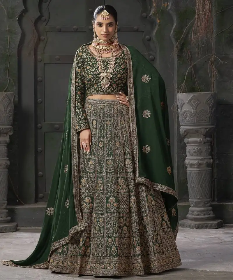 Green georgette zarkan embroidered semi-stitched lehenga choli with dupatta