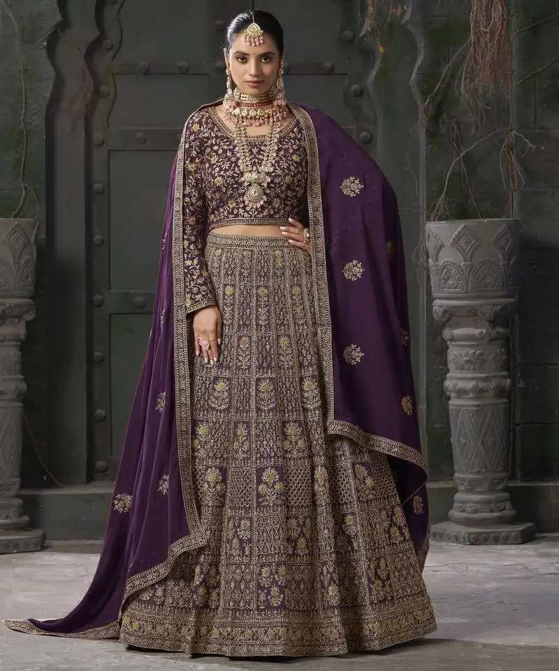 Wine georgette zarkan embroidered semi-stitched lehenga choli with dupatta