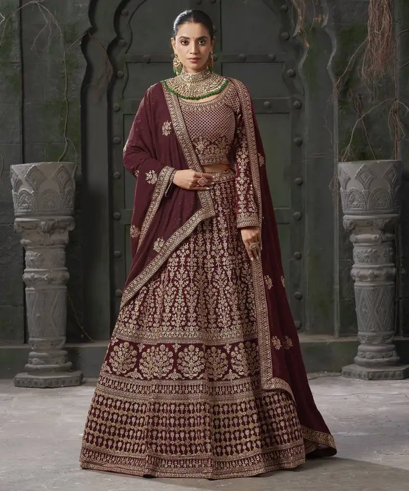 Maroon semi-stitched georgette lehenga choli with zarkan embroidery & dupatta