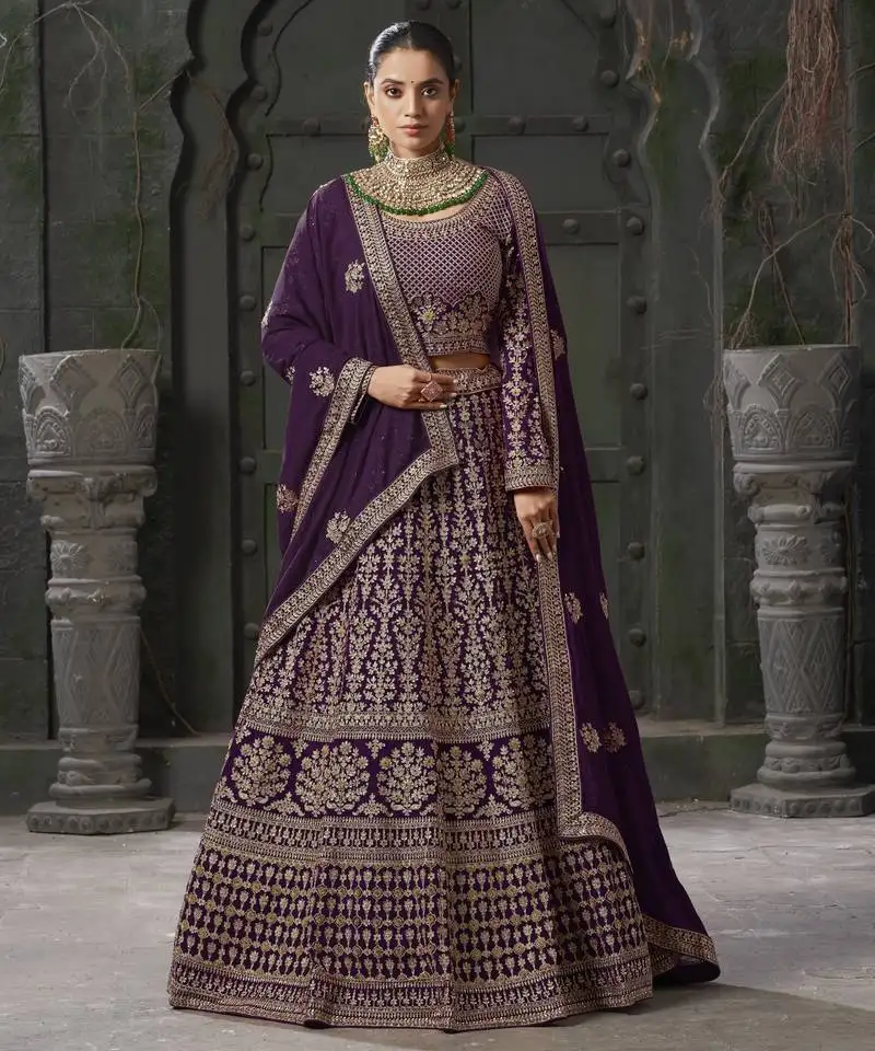 Wine semi-stitched georgette lehenga choli with zarkan embroidery & dupatta