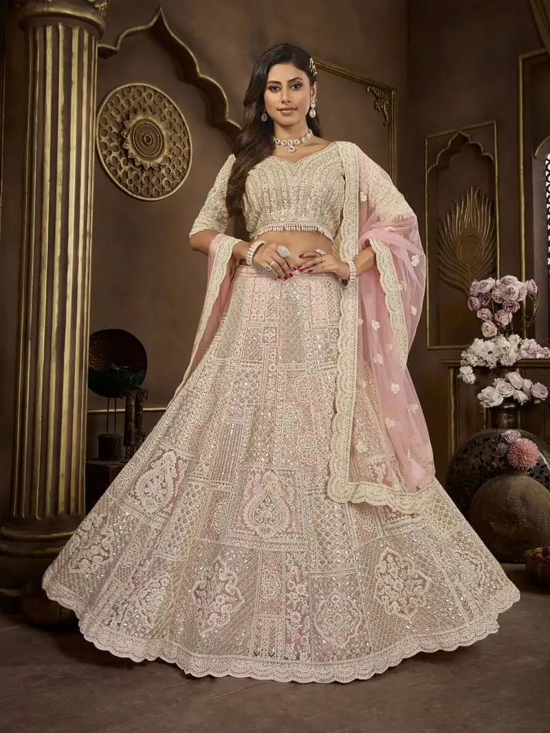 Pink wedding net lehenga choli with 14 kali design & dupatta