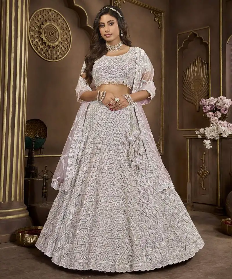 Purple wedding diamond net lehenga choli with dupatta