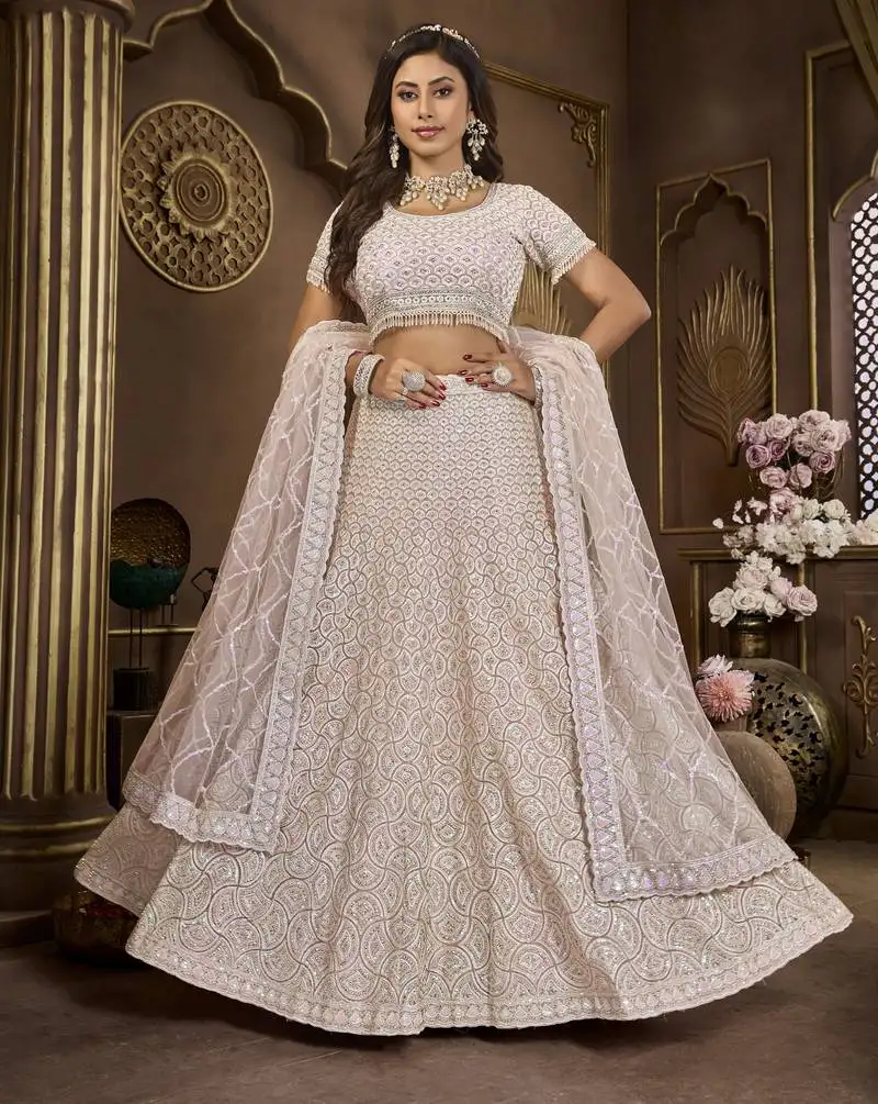 Baby pink wedding diamond net lehenga choli with dupatta