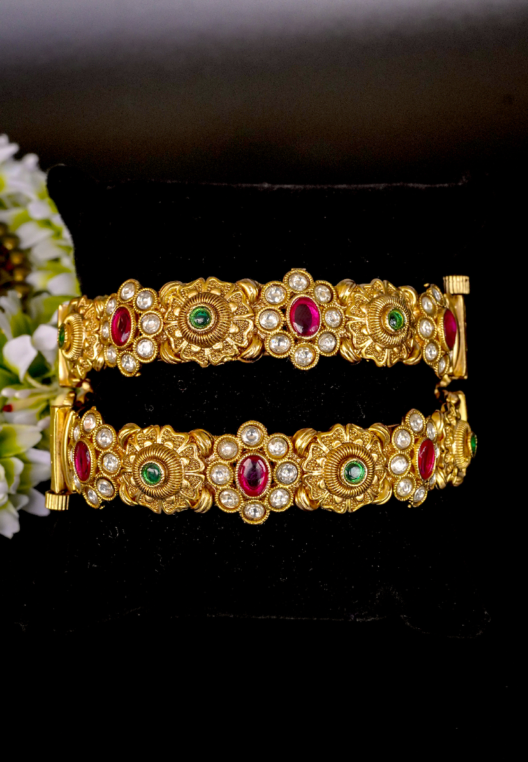 Floral kundan antique gold bangles