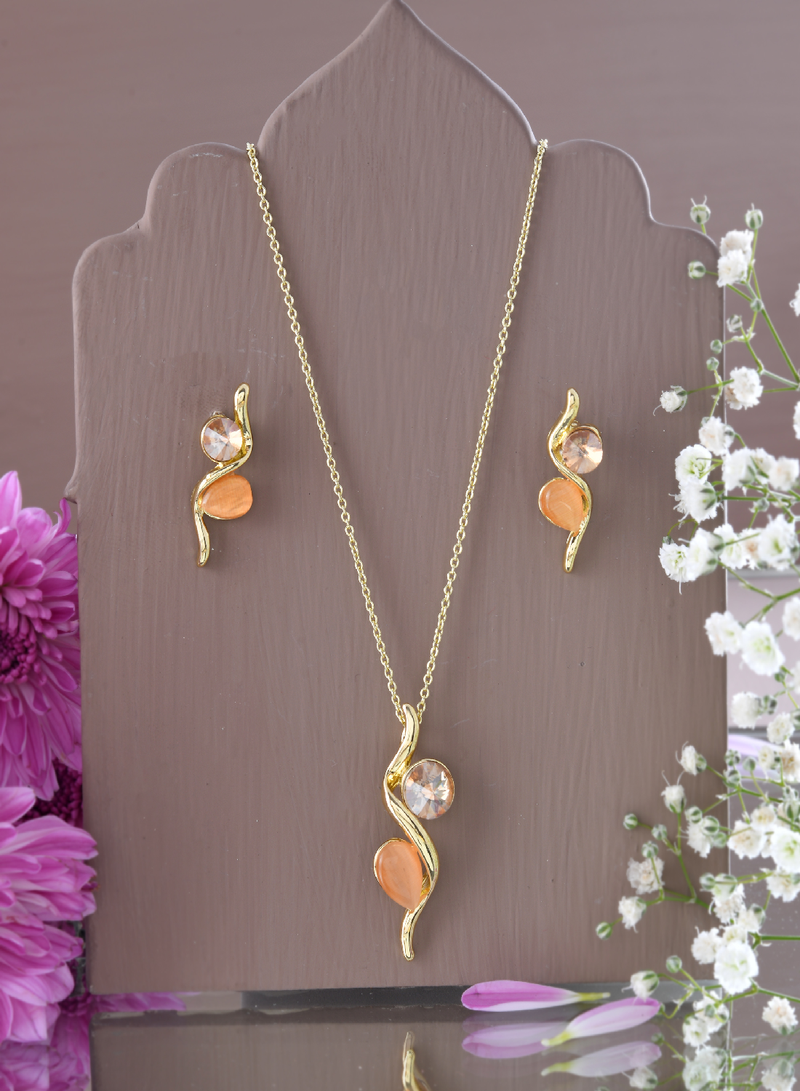 Golden swirl crystal & peach stone jewelry set gift for rakhi