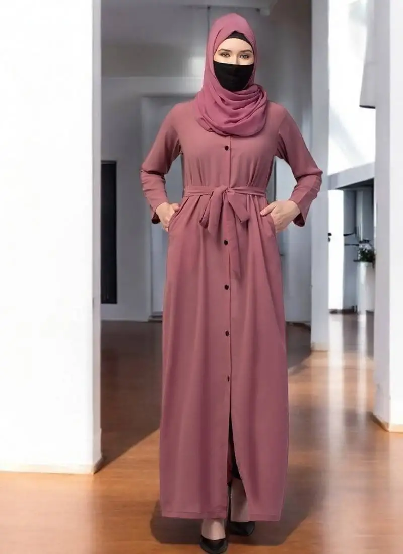 Pink front open abaya with matching belt