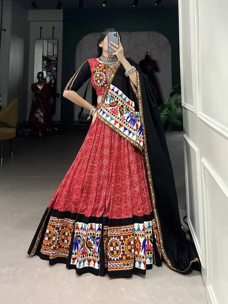 Red pure cotton printed with gamthi work ready to wear navratri lehenga choli