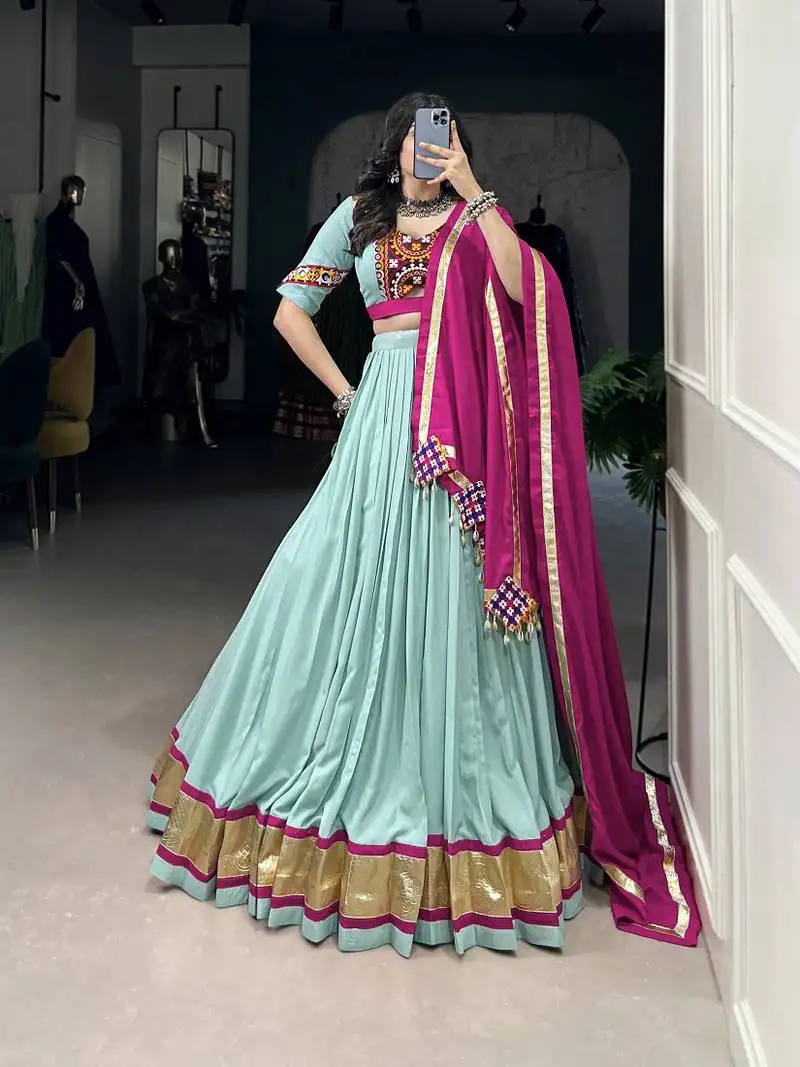 Seagreen pure rayon original mirror gamthi work ready to wear lehenga choli