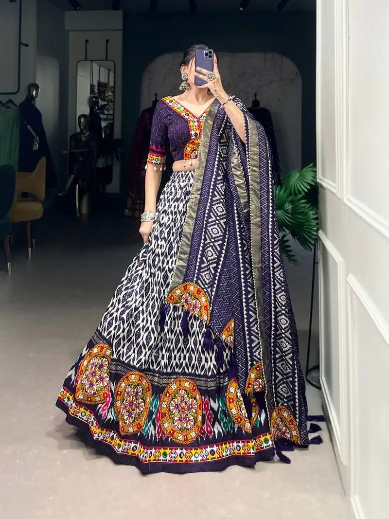 Blue tussar silk ikkat print with real mirror gamthi work navratri lehenga choli