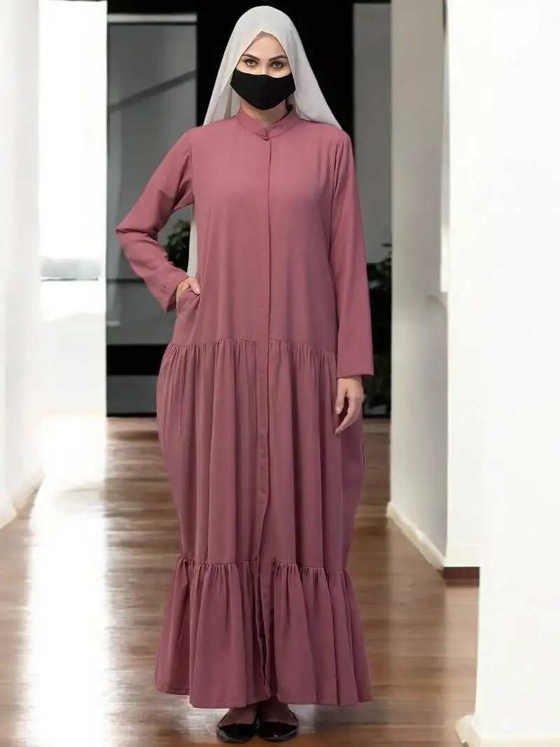 Pink front open and multi layered abaya dress