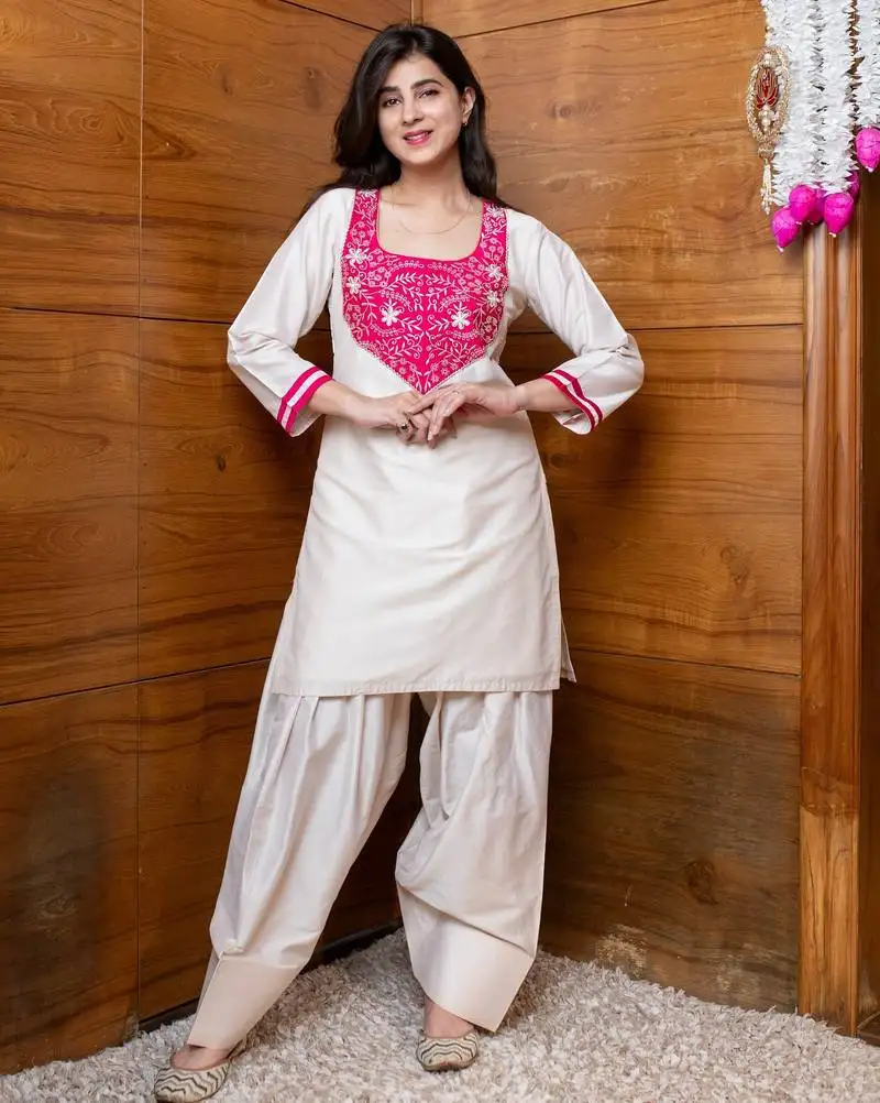 Cream & pink embroidered co-ord set