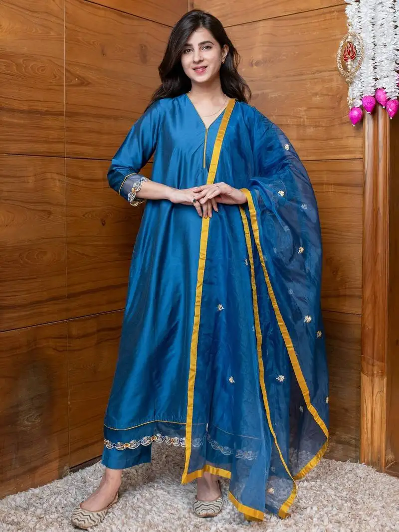 Blue & mustard embroidered suit set