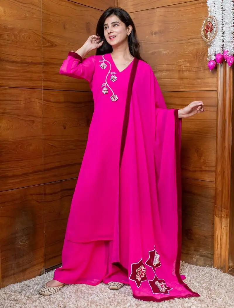 Rani pink 3d embroidered suit set