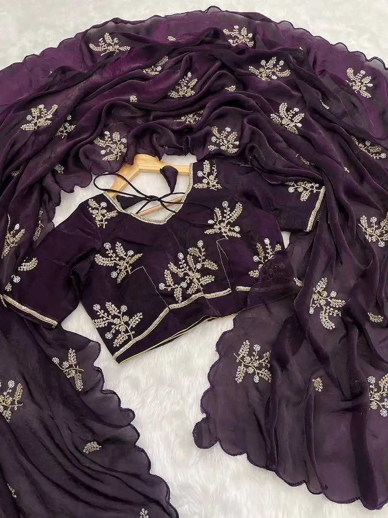 Wine heavy fendy satin with embroidered beads work saree with unstitched blouse