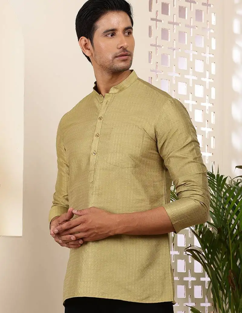 Men olive gold textured viscose blend short kurta with mandarin collar